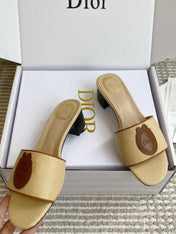 DIOR 26S D-BADGE SLIDE SANDALS IN BEIGE RAFFIA AND BROWN CALFSKIN