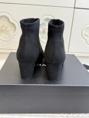 CHANEL 26S ANKLE BOOTS IN BLACK SUEDE AND PATENT SQUARE TOE