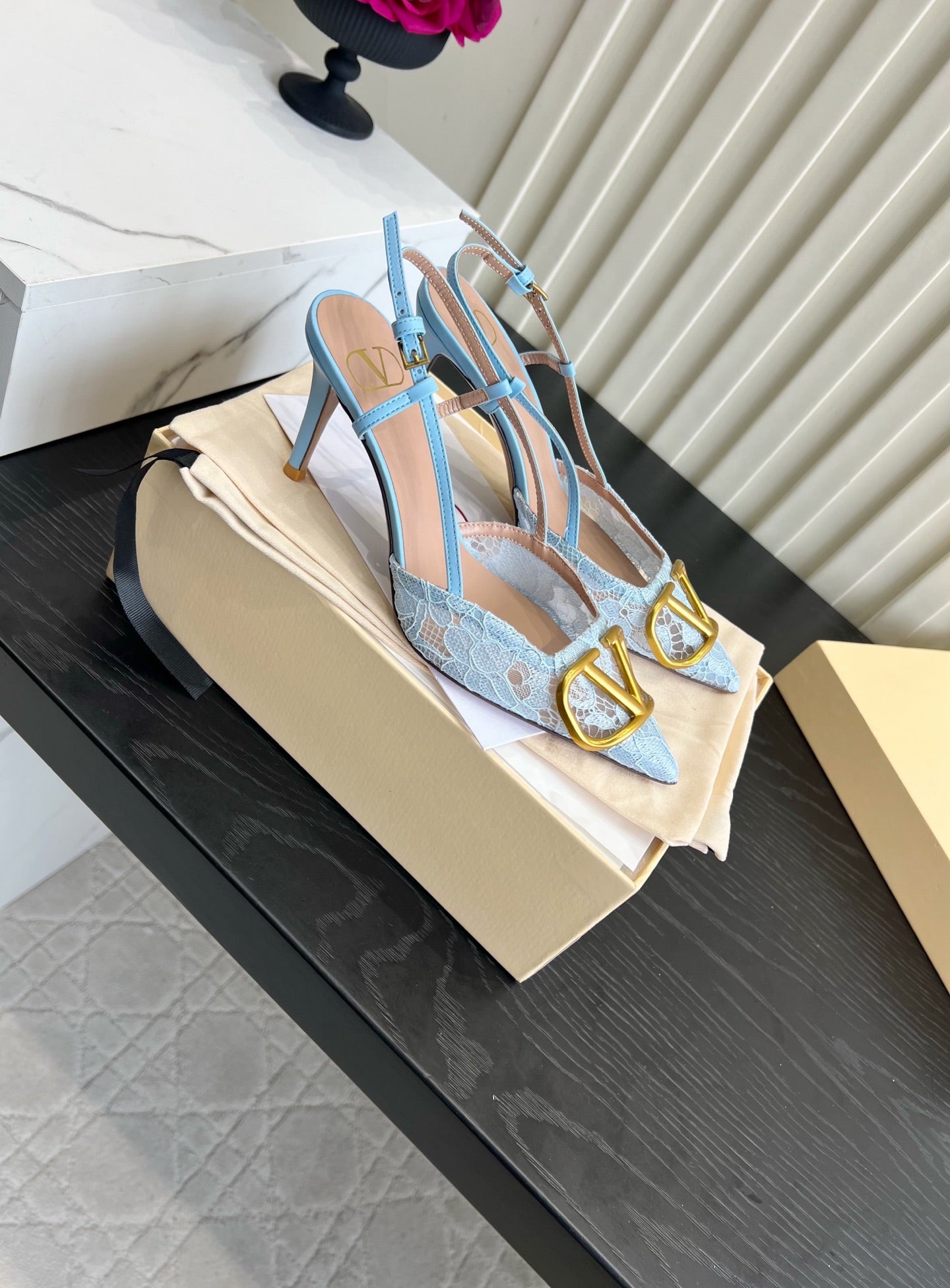 VALENTINO 26S SLINGBACKS 75 MM IN SKY BLUE FABRIC LACE
