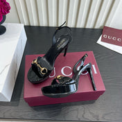 GUCCI 26S HORSEBIT GG SANDALS 105 MM IN BLACK PATENT CALFSKIN