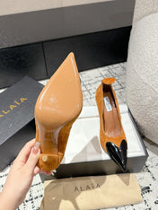 ALAIA HIGH PUMPS 10CM IN COPPER BROWN SUEDE MIX BLACK CALFSKIN