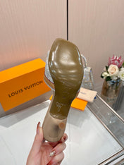 LV 26S HIGH-HEELED MULES 55 MM IN BEIGE CALFSKIN AND WHITE EMBROIDERED MONOGRAM CANVAS