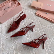 Slingback Ruby Leather With Stylized Cross Straps - Mid Heels