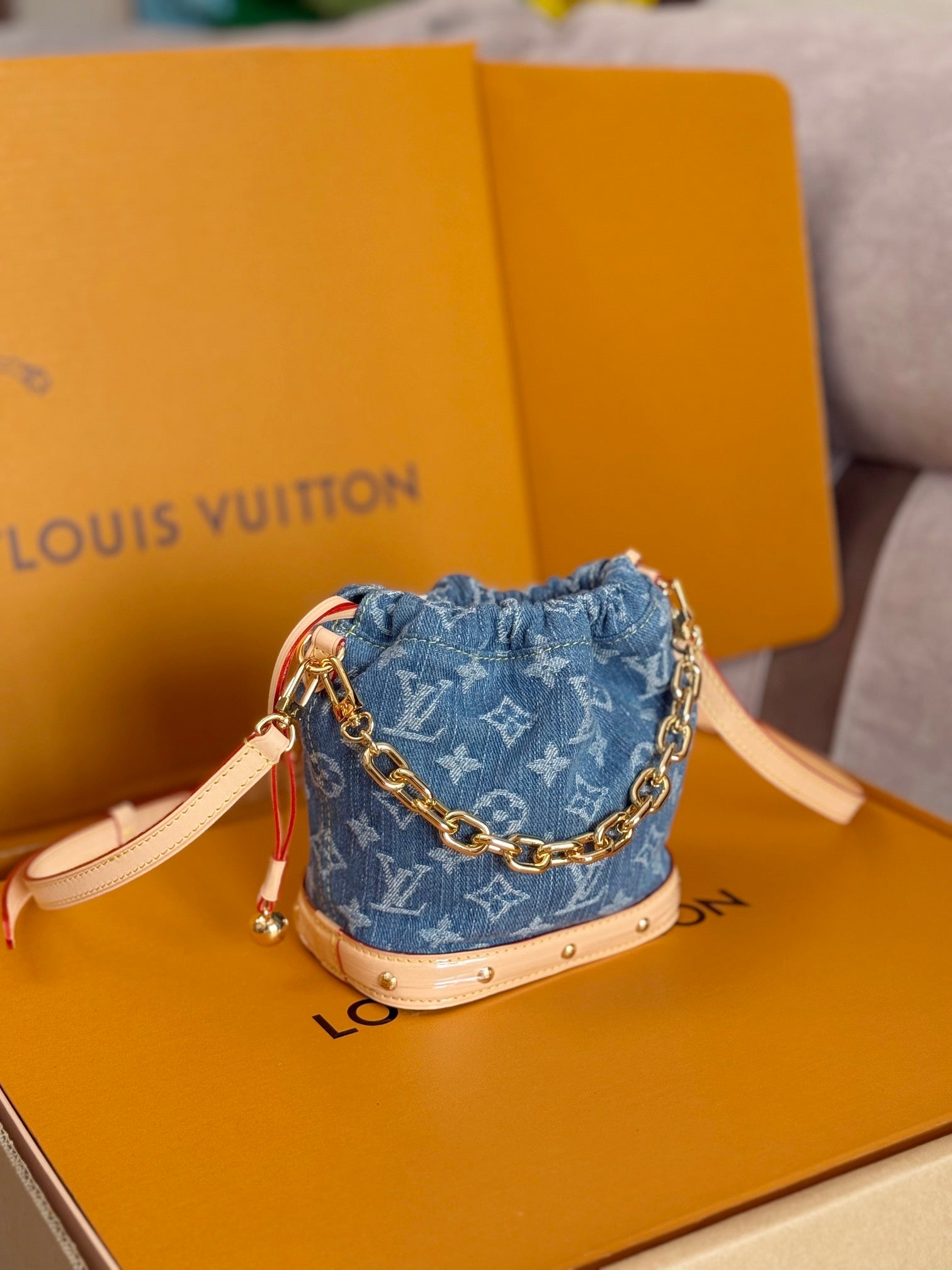 LV 25S NANO NOÉ 20 IN BLUE DENIM MONOGRAM LEATHER TRIM GOLD HARDWARE