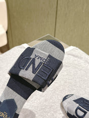 FENDI 26S SLIDE SANDALS IN DARK BLUE AND GREY CANVAS