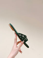 LV WOMEN FLAT MULE IN GREEN FOREST SATIN WITH RHINESTONE
