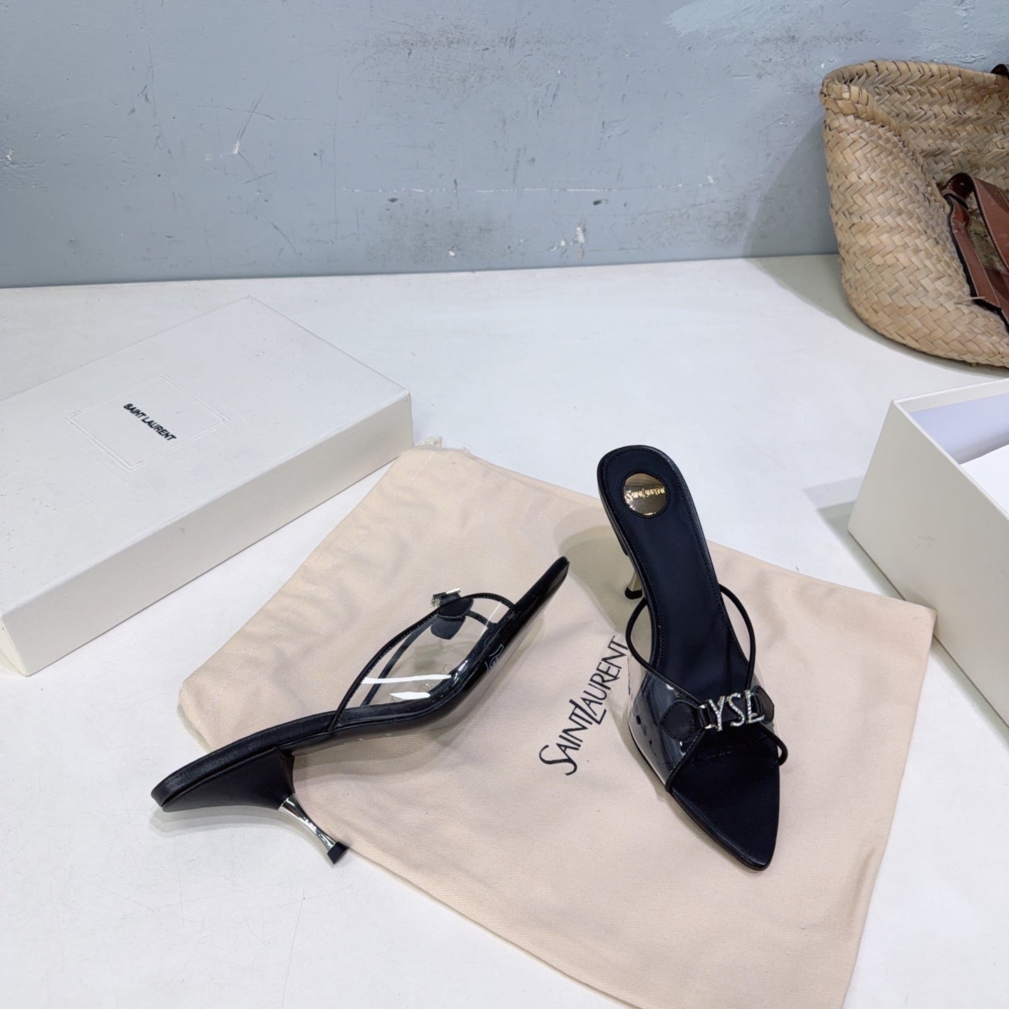 YSL 26S HIGH-HEEL SANDALS 75 MM IN BLACK LAMBSKIN AND TRANSPARENT STRAPS PVC