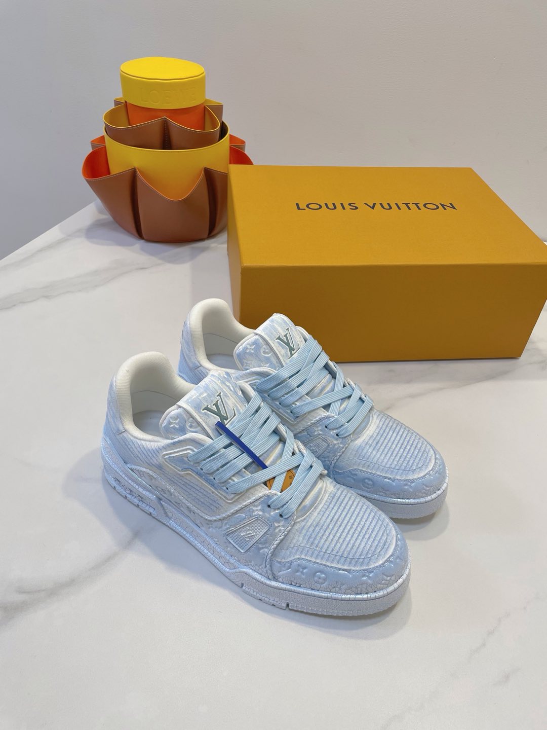 LV TRAINER MAXI SNEAKER IN WHITE MIX LIGHT BLUE EMBOSSED CALFSKIN