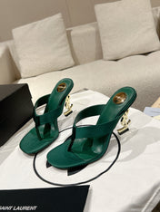 YSL 26S HEELED THONG SANDALS 85 MM IN DARK GREEN SATIN
