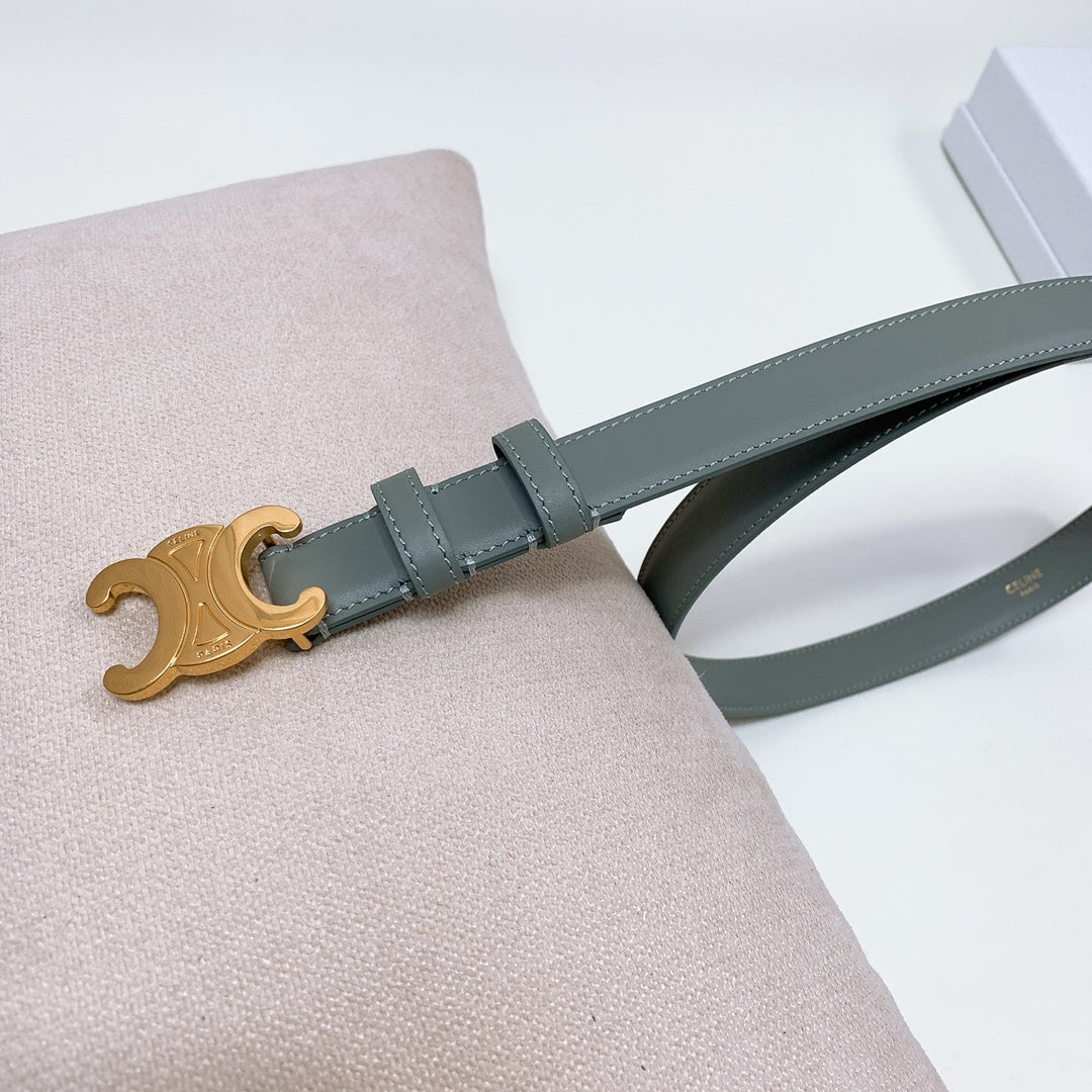 CL MEDIUM 25 MM TRIOMPHE BELT IN GRAY GREEN LEATHER GOLD HARDWARE