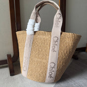 LAGRE WOODY TOTE BAG 48 IN NATURAL FIBERS BLUSHY BEIGE WEBBING LOGO EMBROIDER BROWN CALFSKIN