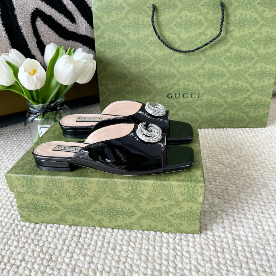 GG CRYSTAL SLIDES SANDAL BLACK AND CREAM CALFSKIN
