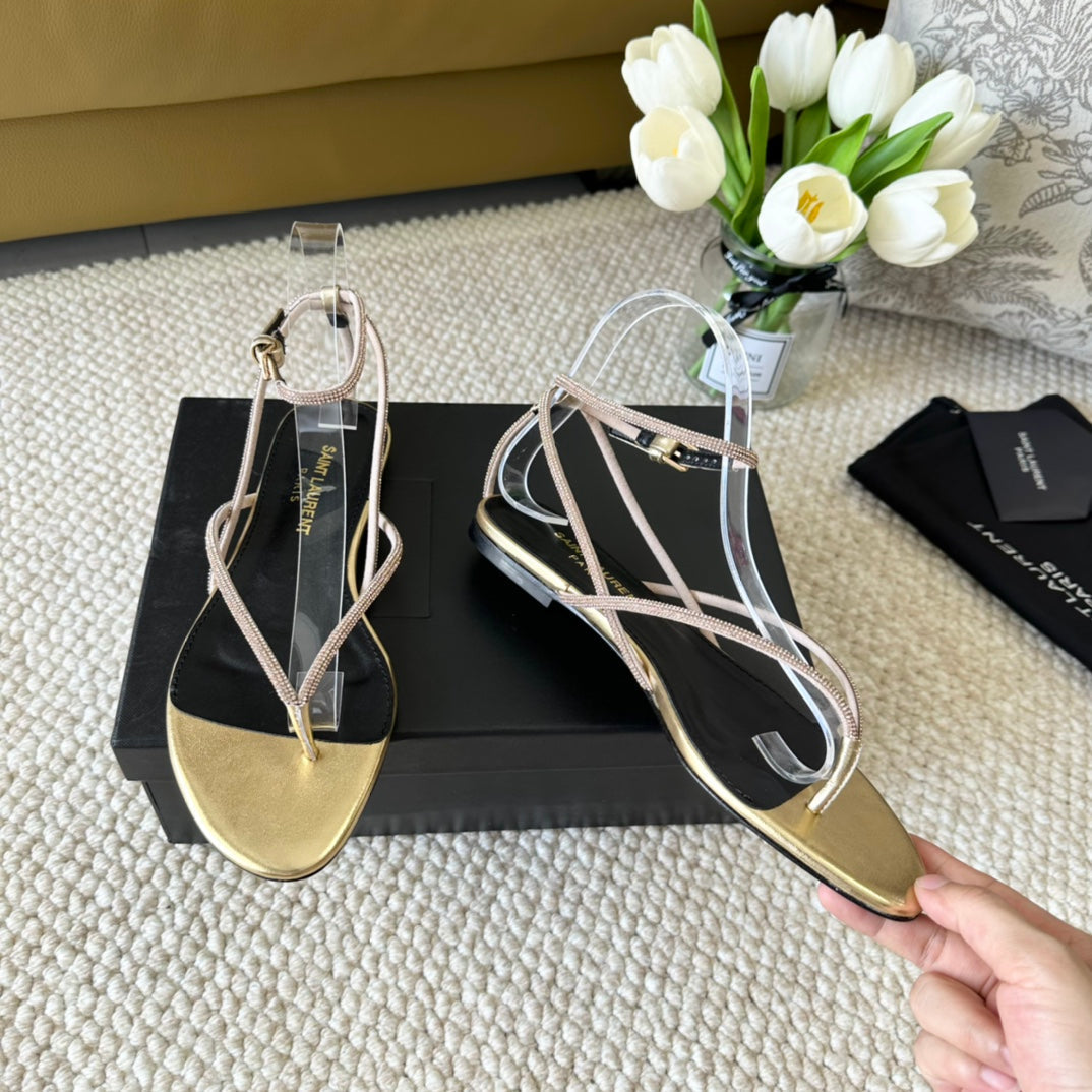 SL CRYSTAL FLAT SANDALS METALLIC GOLD CALFSKIN