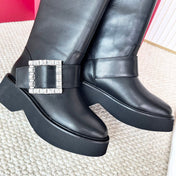 VIV' RANGERS HIGH BIKER IN BLACK CALFSKIN CRYSTAL BUCKLE