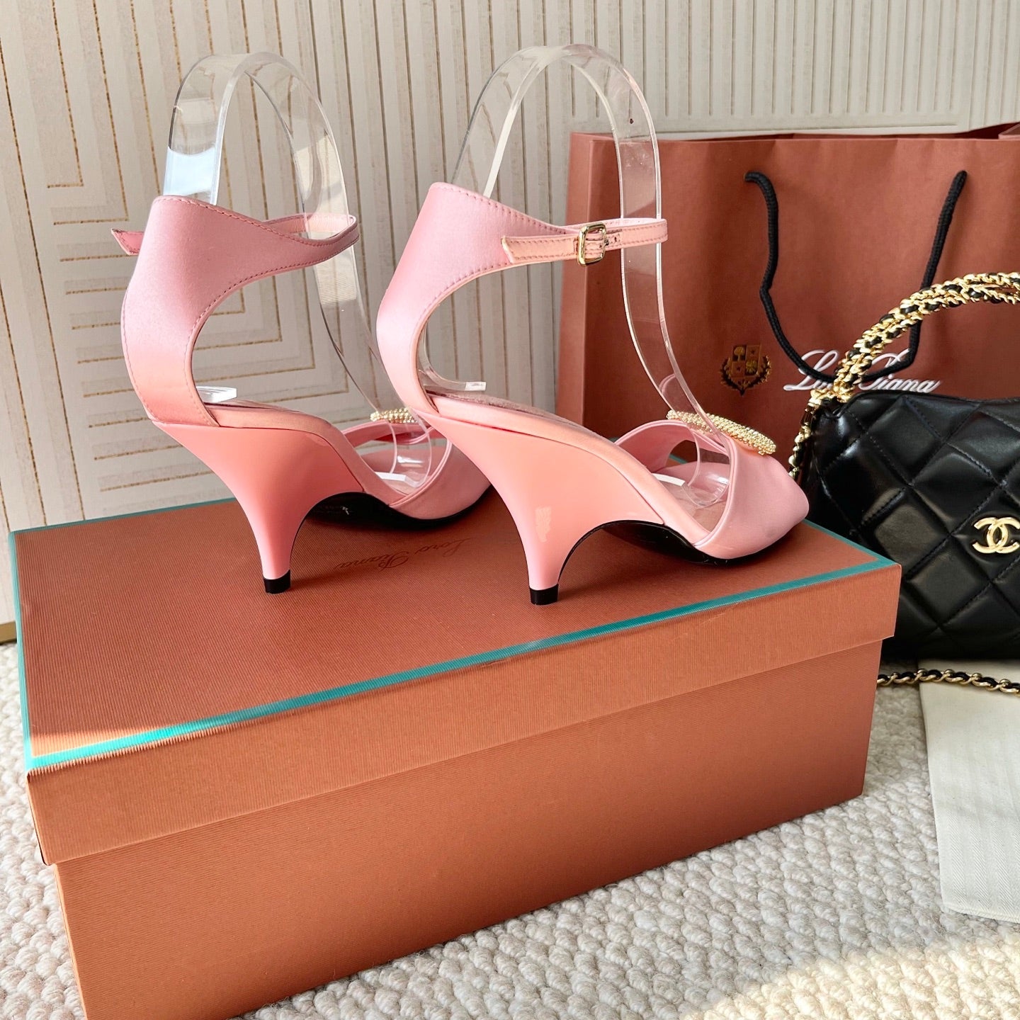 HIGH HEELS SANDALS 80 MM IN PASTEL PINK SATIN MIX SUEDUE