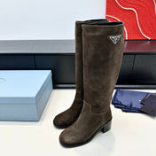 PRADA 25S HIGH-CUT BOOTS 55 MM IN EARTH BROWN SUEDE