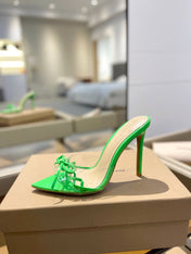 GIANVITO ROSSI 26S HEELED SANDALS 105 MM IN GREEN PATENT CALFSKIN WITH BOW