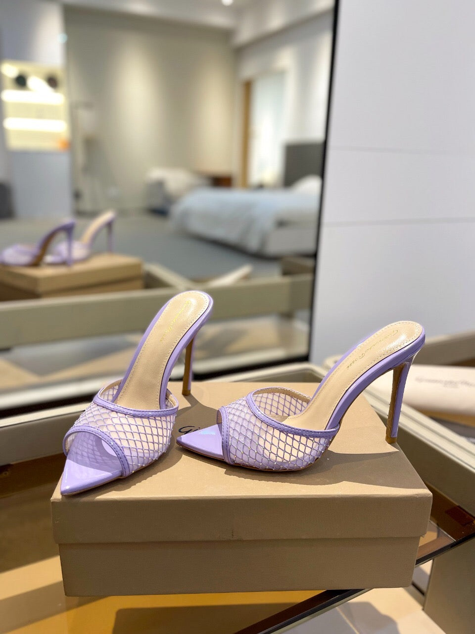GIANVITO ROSSI 26S HEELED SANDALS 105 MM IN LIGHT PURPLE MESH FABRIC AND CALFSKIN