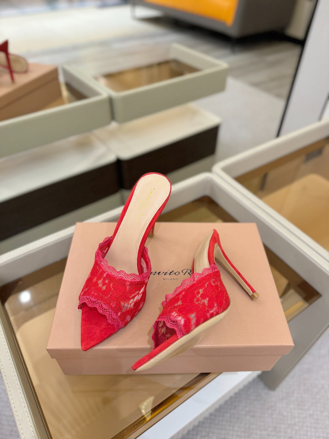 GIANVITO ROSSI 26S HEELED SANDALS 105 MM IN RED SUEDE AND LACE