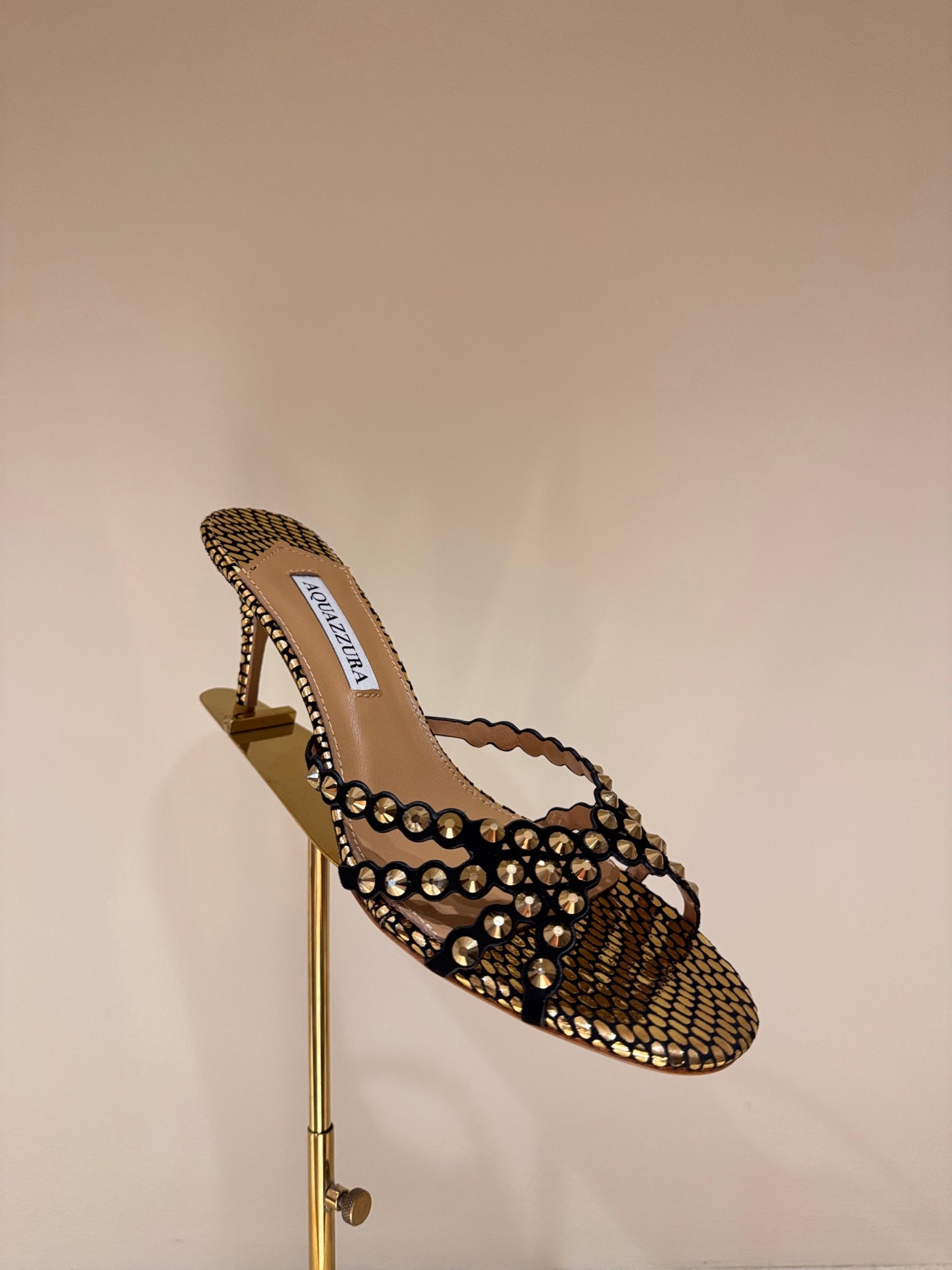AQUAZZURA 26S HIGH-HEEL SANDALS 70 MM IN BLACK AND GOLD CALFSKIN