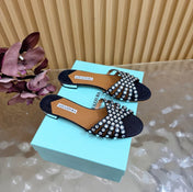 AQUAZZURA 26S SLIDES IN BLACK LUREX FABRIC