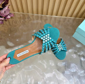 AQUAZZURA 26S SLIDES IN EMERALD GREEN SUEDE CRYSTAL-EMBELLISHED STRAPS