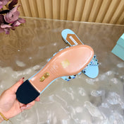 AQUAZZURA 26S SLIDES IN SKY BLUE CALFSKIN CRYSTAL-EMBELLISHED STRAPS