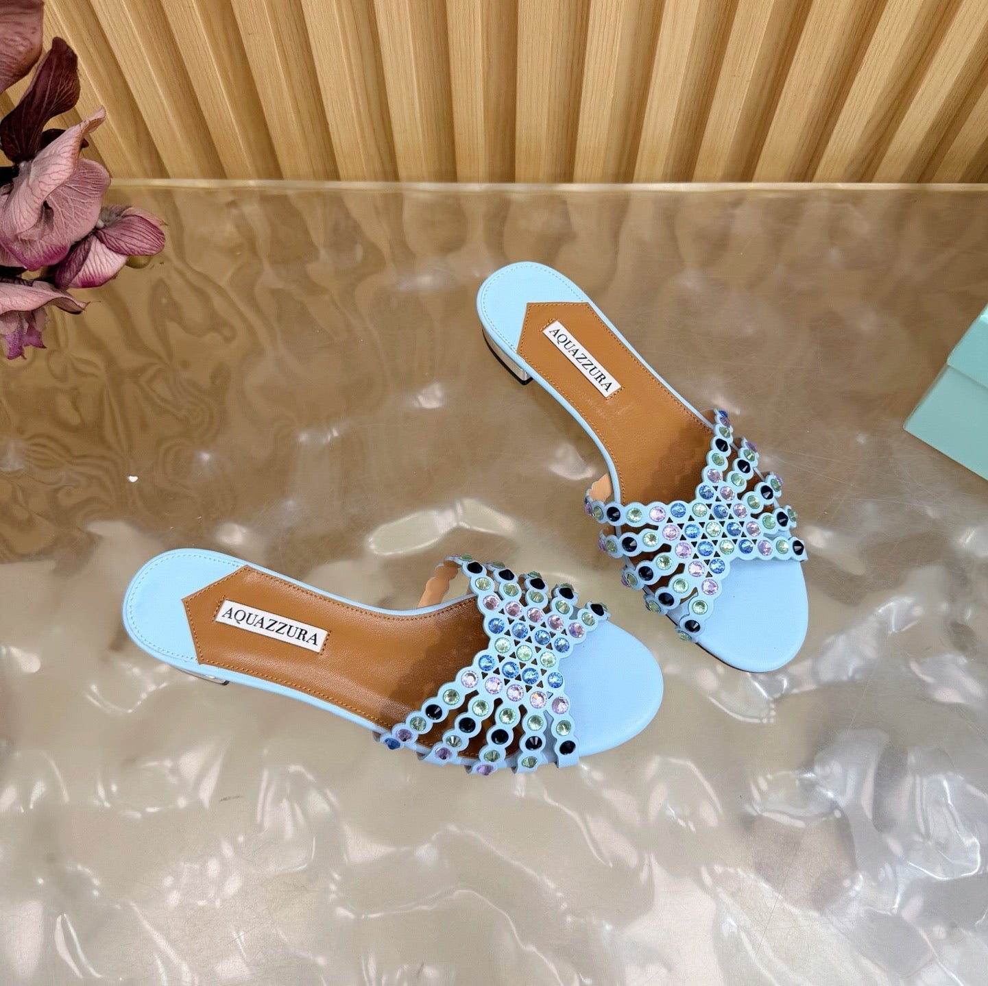 AQUAZZURA 26S SLIDES IN SKY BLUE CALFSKIN CRYSTAL-EMBELLISHED STRAPS