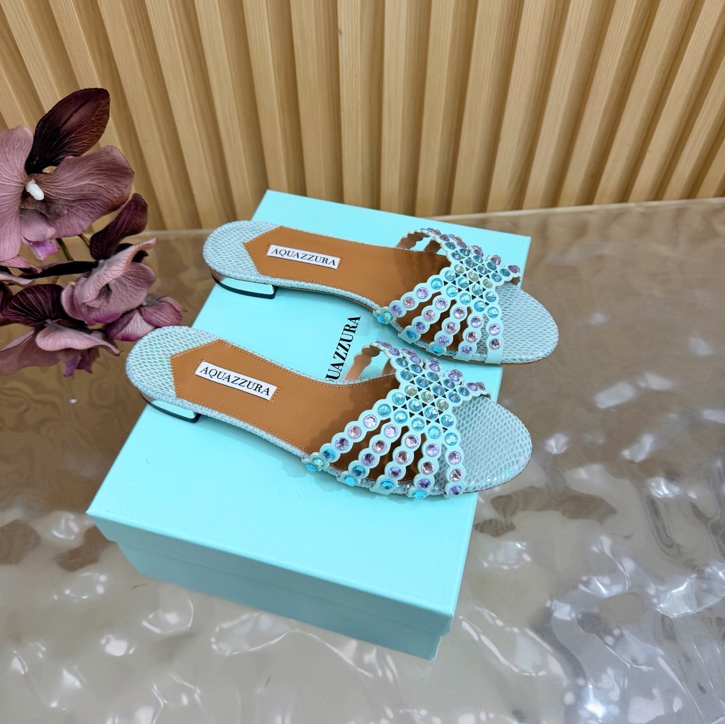 AQUAZZURA 26S SLIDES IN LIGHT BLUE SNAKESKIN EMBOSSED LEATHER