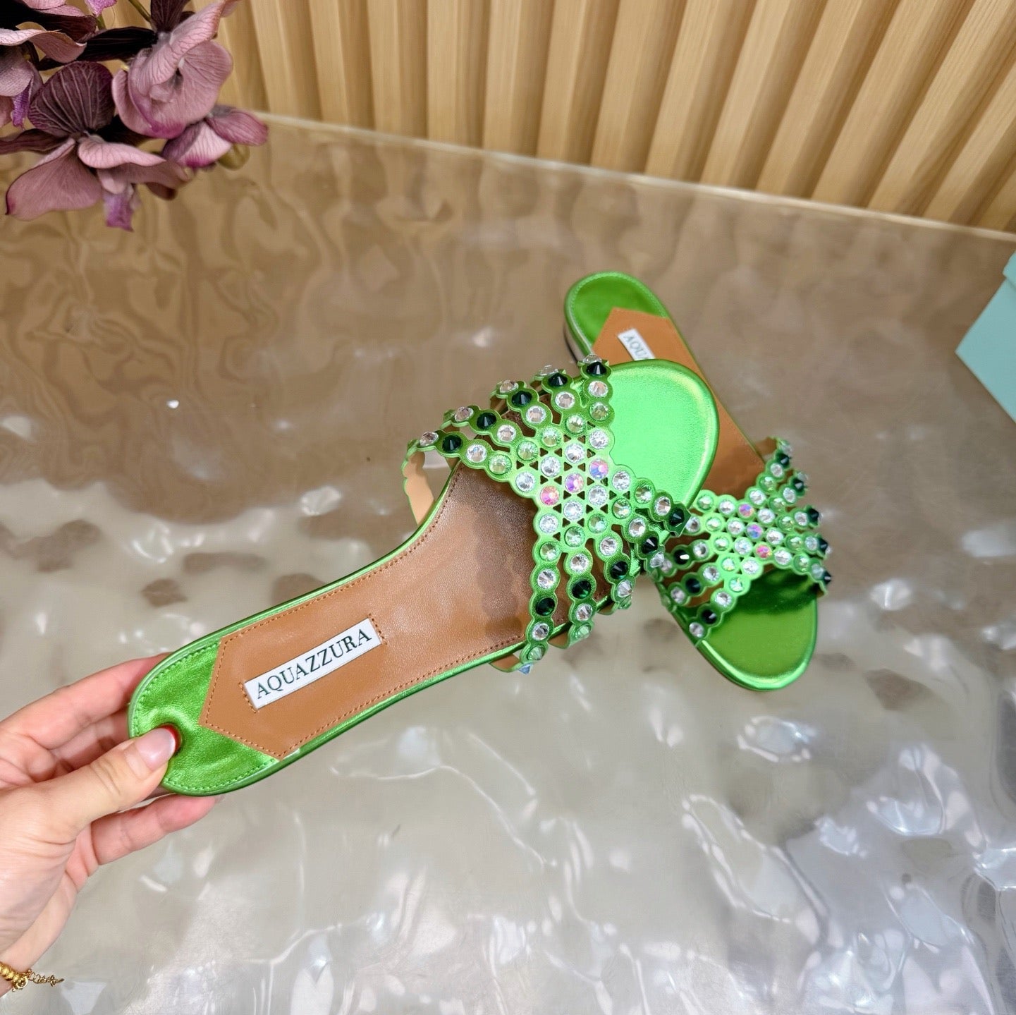 AQUAZZURA 26S SLIDES IN GREEN LAMBSKIN CRYSTAL EMBELLISHED