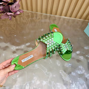 AQUAZZURA 26S SLIDES IN GREEN LAMBSKIN CRYSTAL EMBELLISHED