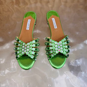 AQUAZZURA 26S SLIDES IN GREEN LAMBSKIN CRYSTAL EMBELLISHED