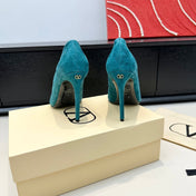 VALENTINO 26S PEEP-TOE HIGH HEELS 100 MM IN TEAL BLUE SUEDE