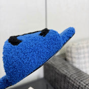 CHANEL 26S SLIDE SANDALS IN BLACK AND BLUE SHEARLING SQUARE TOE