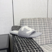 CHANEL 26S SLIDE SANDALS IN GRAY AND WHITE SHEARLING SQUARE TOE