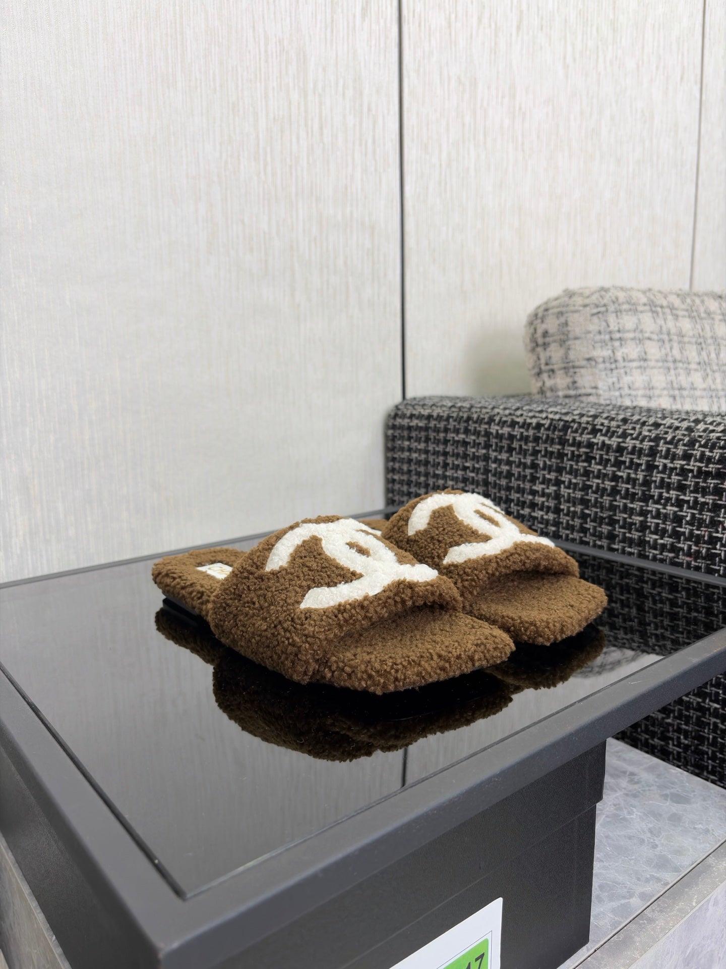 CHANEL 26S SLIDE SANDALS IN BROWN AND WHITE SHEARLING SQUARE TOE