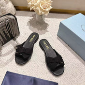 PRADA 26S RUCHED BOW SLIDE SANDALS IN BLACK CALFSKIN