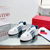 VL7N LOW-TOP WHITE CALFSKIN AND AEGEAN BLUE FABRIC SNEAKER WITH BANDS