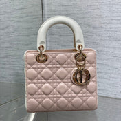 MEDIUM LADY BAG 20 IN BABY PINK QUILTED MACROCANNAGE CALFSKIN WHITE STRAP