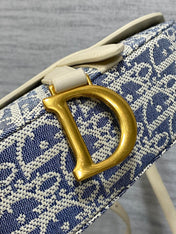 DIOR 25S MINI SOFT SADDLE BAG 19 IN BLUE DIOR OBLIQUE CHAMBRAY AND IVORY SMOOTH CALFSKIN