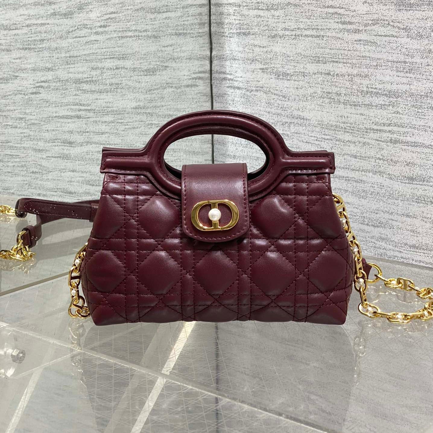 DIOR 25S JOLIE TOP HANDLE MINI BAG 18 IN BURGUNDY CALFSKIN GOLD HARDWARE