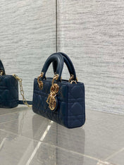 DIOR 25S SMALL LADY D‑JOY BAG 19 IN DARK BLUE CANNAGE CALFSKIN GOLD HARDWARE