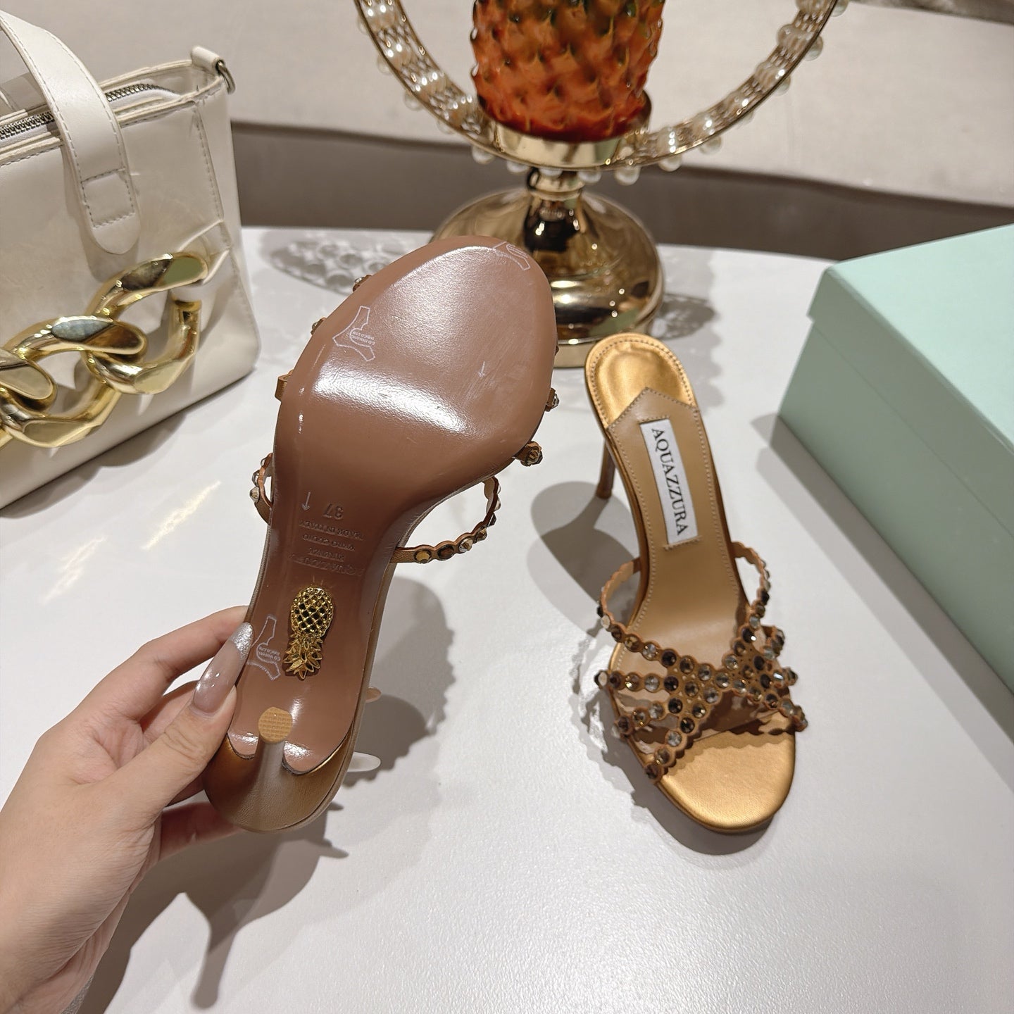 AQUAZZURA 26S HIGH-HEEL SANDALS 85 MM IN METALLIC GOLD CALFSKIN