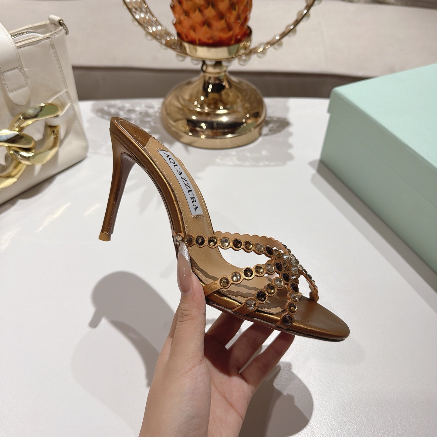 AQUAZZURA 26S HIGH-HEEL SANDALS 85 MM IN METALLIC GOLD CALFSKIN