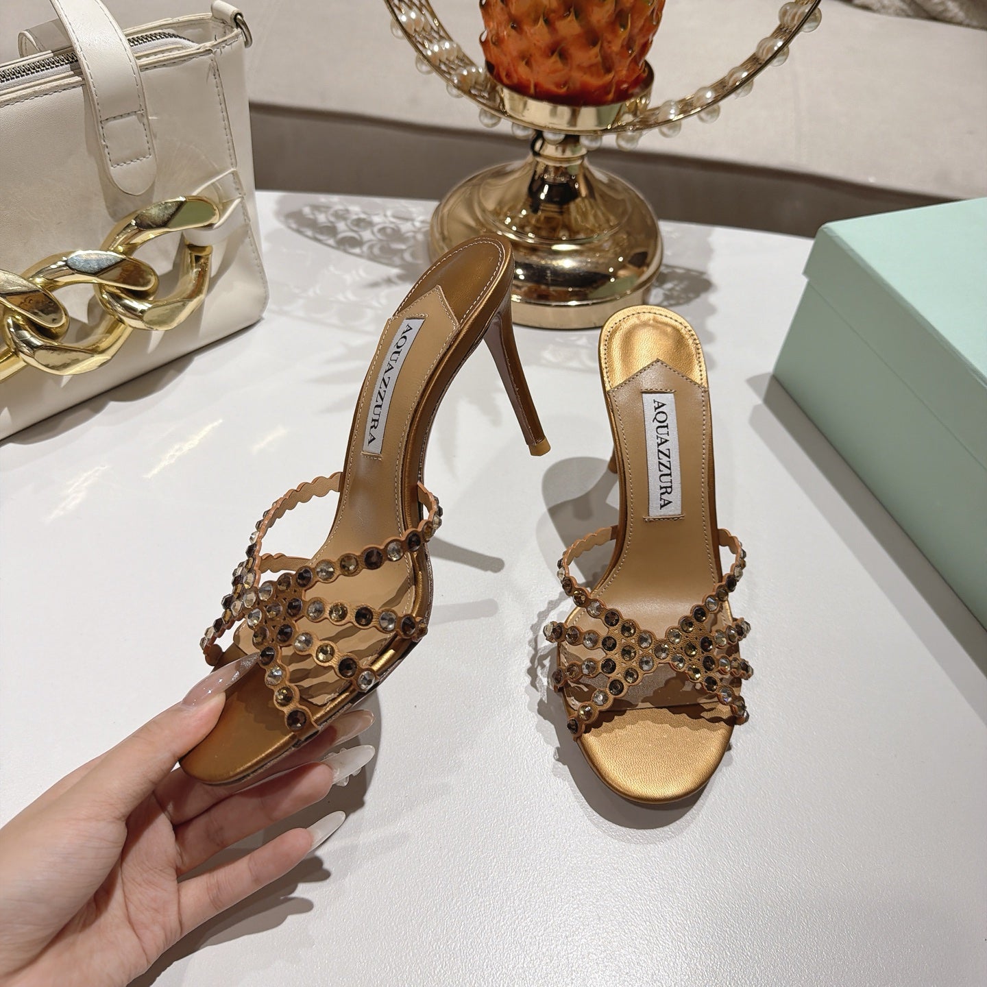 AQUAZZURA 26S HIGH-HEEL SANDALS 85 MM IN METALLIC GOLD CALFSKIN
