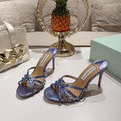 AQUAZZURA 26S HIGH-HEEL SANDALS 85 MM IN METALLIC PURPLE CALFSKIN