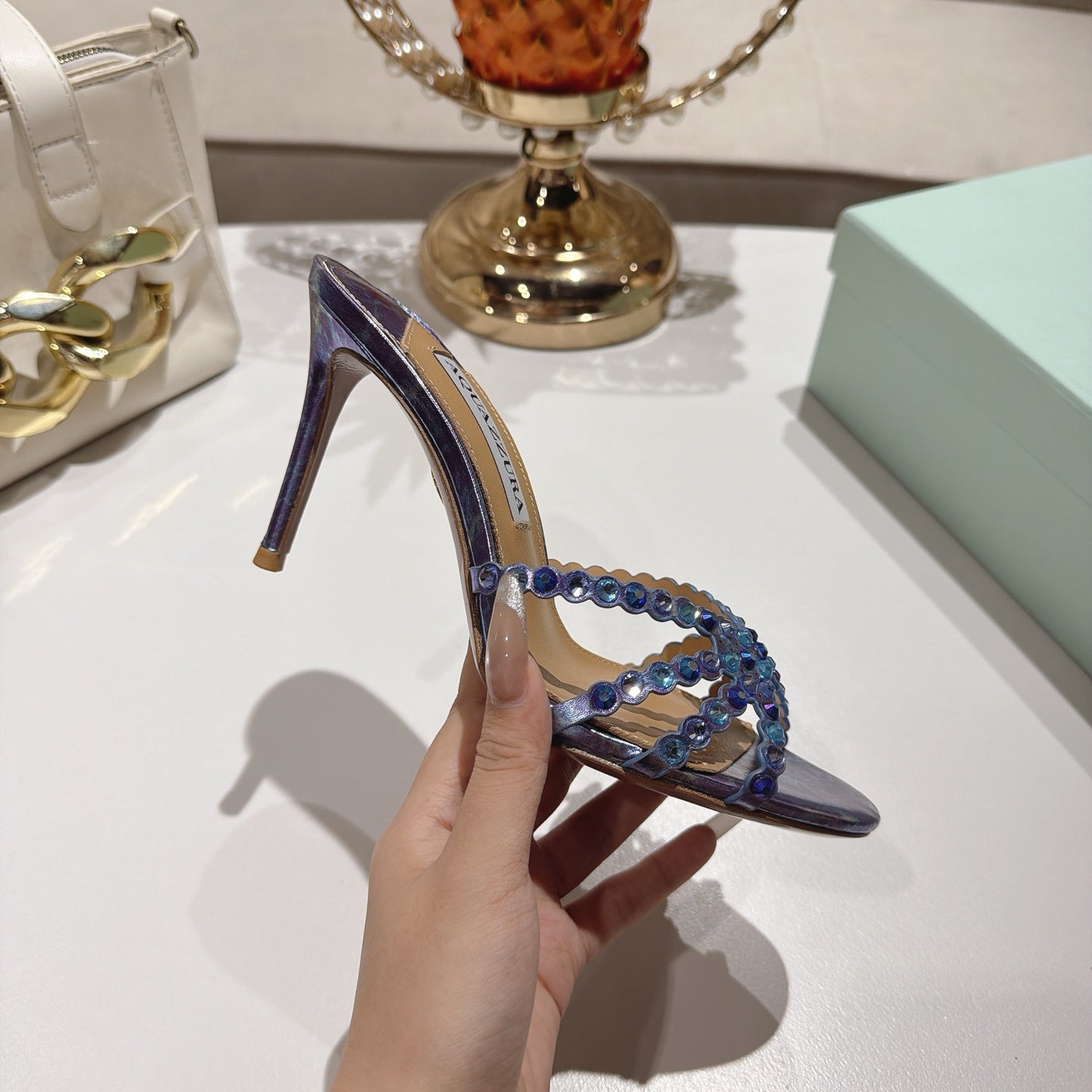 AQUAZZURA 26S HIGH-HEEL SANDALS 85 MM IN METALLIC PURPLE CALFSKIN