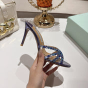 AQUAZZURA 26S HIGH-HEEL SANDALS 85 MM IN METALLIC PURPLE CALFSKIN