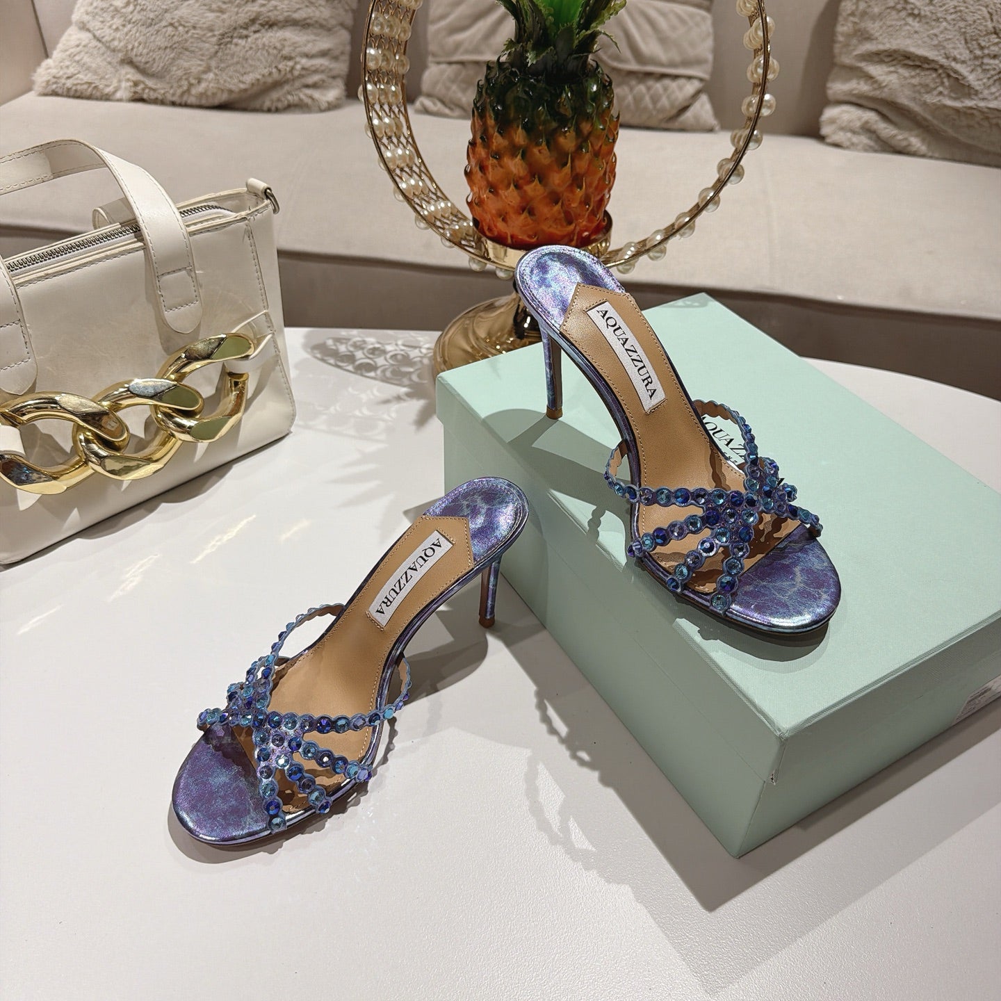 AQUAZZURA 26S HIGH-HEEL SANDALS 85 MM IN METALLIC PURPLE CALFSKIN
