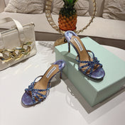 AQUAZZURA 26S HIGH-HEEL SANDALS 85 MM IN METALLIC PURPLE CALFSKIN